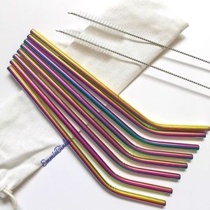 New Reusable Stainless Steel Oil Slick Holographic Tumbler Straw Set